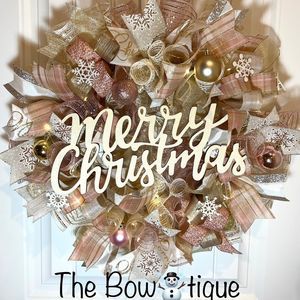 Christmas Snowflake Holiday Ribbon Door Wreath Handmade 22 ins LED W43 Gold